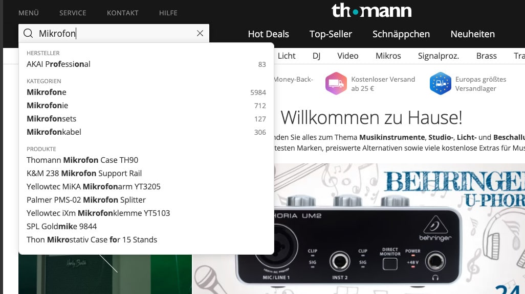 Suchsystem auf Desktopgeräten von thomann.de